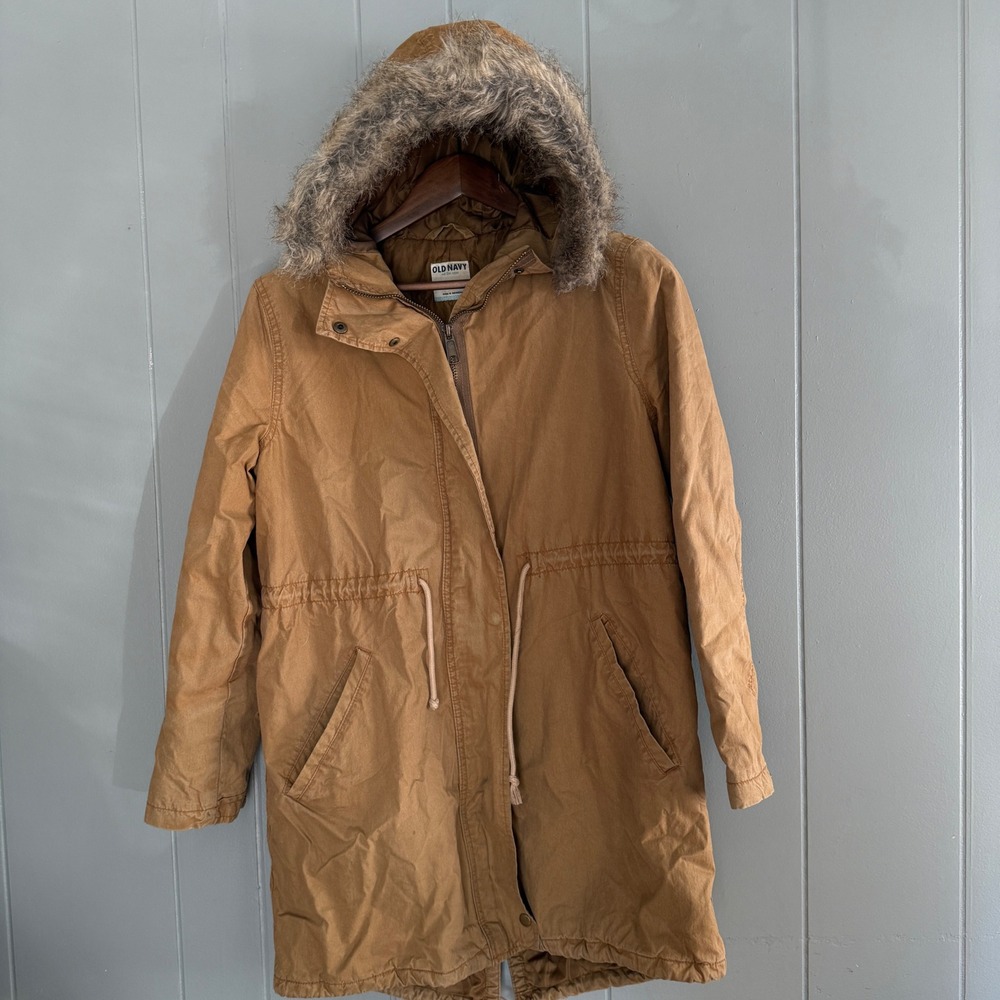 Old Navy Womens Medium Camel Faux Fur Trim Hood Long Parka Coat Utility Gorpcore